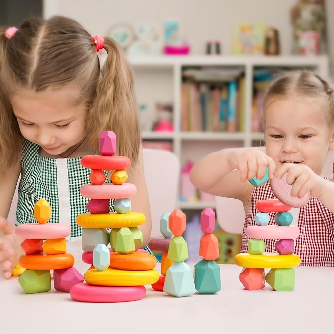 OESSUF Stacking Rocks 26Pcs Stacking Blocks Balancing Stones Wooden Building Toys Wood Stone Stacking Game for Toddler Sorting Preschool Educational Montessori Stacking Rocks for Kids - Image 7