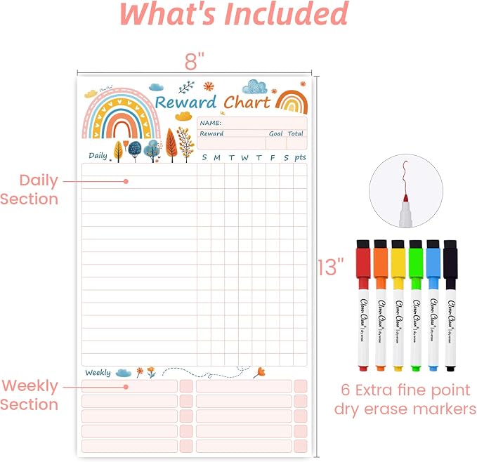 Clever Clean Dry Erase Chore Chart for Kids, Reusable Reward Chart, Non-Magnetic Kids Chore Board Clings to Any Smooth Surfaces, 6 Dry Erase Markers Included (Rainbow) - Image 6