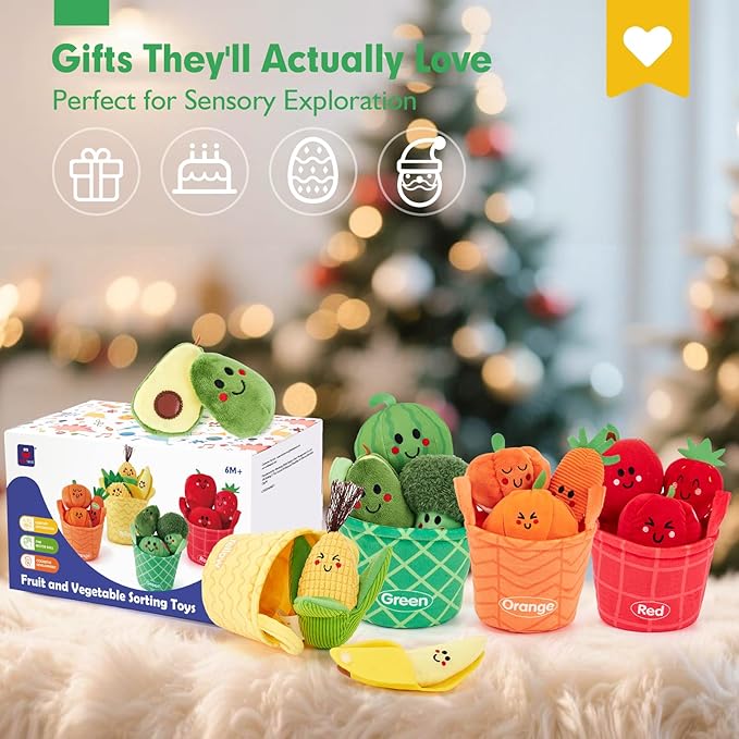 hahaland Baby Sensory Toys - 16 PCS My First Fruit Vegetable Color Sorting Play Food with Crinkle, Rattle, Baby Toys 6-12 Months Montessori Toys for 1 Year Old Boy Girl Gifts Toddler Stocking Stuffers