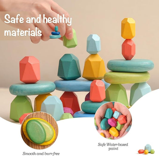 OESSUF Stacking Rocks 26Pcs Stacking Blocks Balancing Stones Wooden Building Toys Wood Stone Stacking Game for Toddler Sorting Preschool Educational Montessori Stacking Rocks for Kids - Image 2