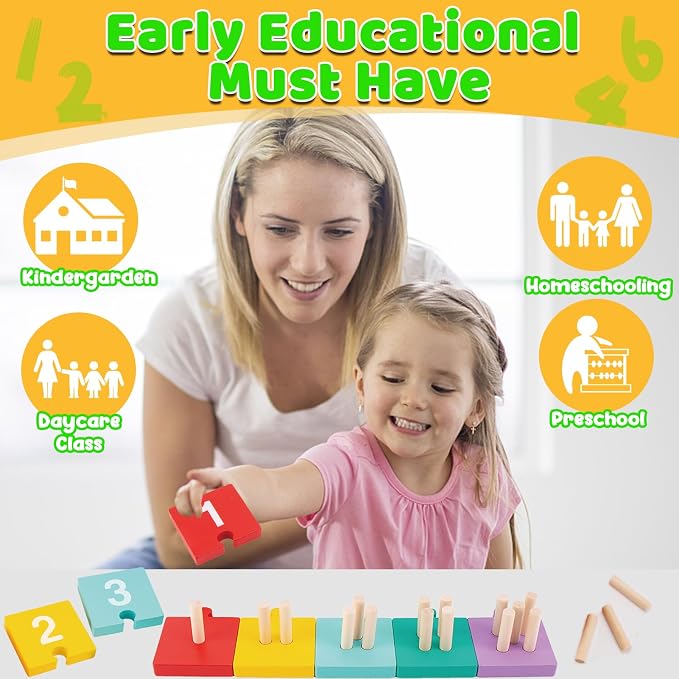 TEUVO Counting Pegs Board Montessori Toys for Kids Aged 3 4 5 6 Years Old, Wooden Early Math and Number Digital Plunger Manipulatives Materials Game for Toddlers Home Kindergarten Daycare Classroom - Image 7