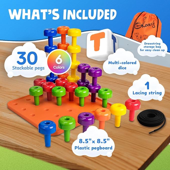 Skoolzy Peg Board Set, Montessori, 33 Pc Plastic, Pegs, Dice, Lacing - Image 9