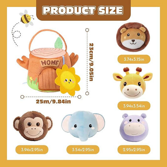 Baby Toys 6-12 Months - Tree Stump with 5 Stuffed Safari Animals, Soft Busy Montessori Toys with Rattle, Crinkle, Squeaker, Mirror, Sensory Toys for Toddlers 1-3, Christmas Birthday Gift