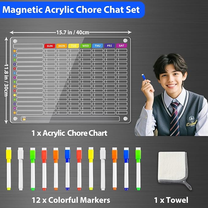 PigPotParty Acrylic Magnetic Chore Chart for Multiple Kids, Large 16x12 in - Image 9