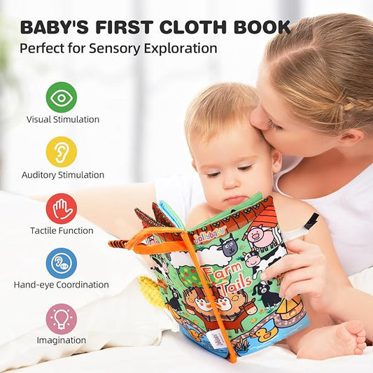 Jollybaby 2 PCS Sensory Touch and Feel Crinkle Books for Baby 0-6 Months, Jungle Farm Tails Montessori Car Set Toys for Tummy Time Newborn 6-12, Soft Fabric Cloth Books for Infant 1 Year Old Gift
