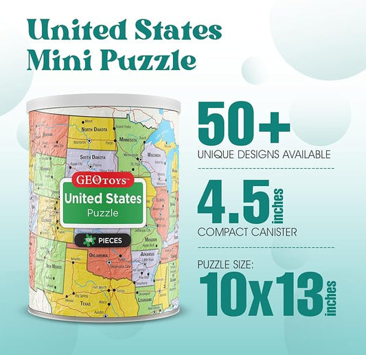 Geotoys United States Mini Puzzle - 100 Piece Puzzles for Kids and Adults in Portable Can, 13" x 10" Educational Travel Puzzle for Ages 7 and Up - Mini Puzzles to Learn & Explore Geography - Image 2