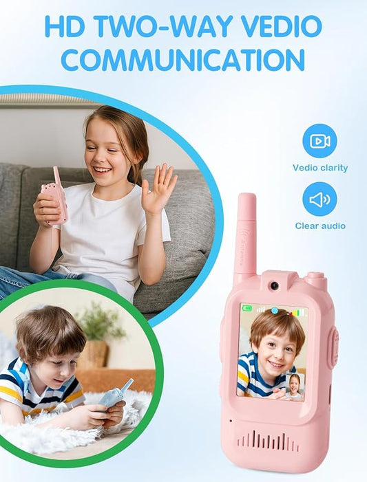 Walkie Talkie for Kids with Video: 2 Pack Rechargeable Toddler Toys with HD Camera & Voice Changer, Long Range Gift Toys for Boy & Girl Age 3-8 for Outdoor Play, Camping (Pink-Pink)