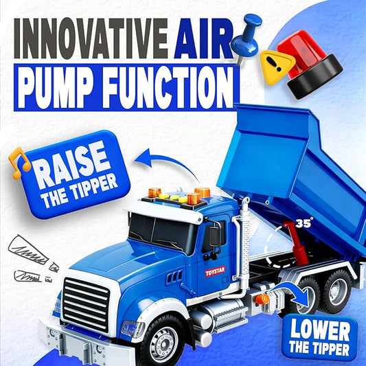 SMILESSKIDDO Dump Truck Toy - 1:12 Large Friction Powered Truck with Air Pump Function, Lights & Sounds, Boy Toys Age 3, Birthday Gift for 3 4 5 6 7 8 Years Old Boys Girls, Toys for Kids 3-5