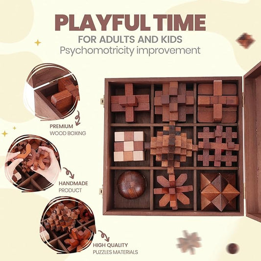 Wooden Brain Teaser Puzzles for Adults - Brain Teaser Puzzles with Wooden Box 3D Puzzle Game Toys for Adults Teens - Unlock Interlocking Puzzle Adults Teens IQ Education Smart Toys