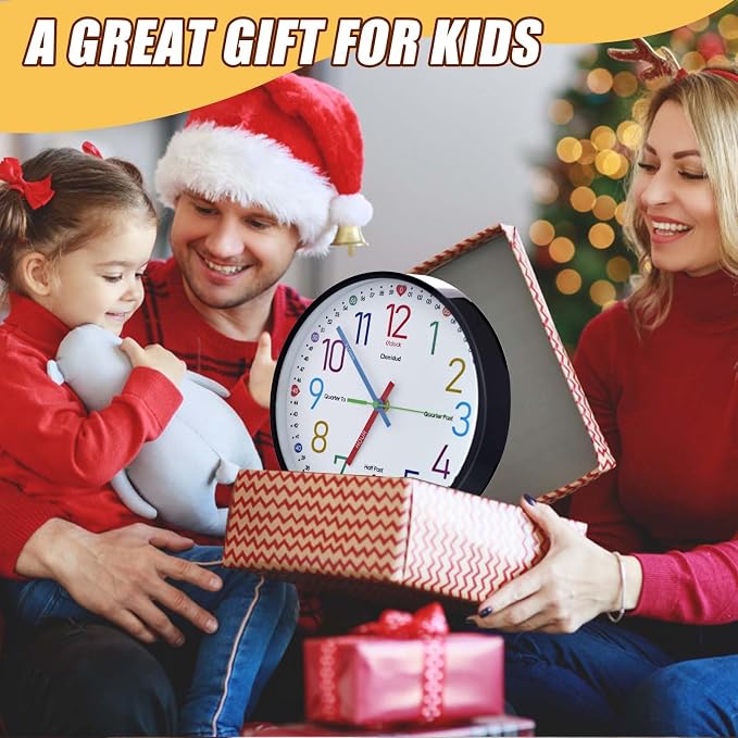 Learning Clock for Kids, 10'' Silent Non-Ticking Teaching to Tell Time Colorful Wall Clocks for Children's Room Bedroom Classroom Home Decor, Gifts for Christmas Birthday (Black) - Image 7