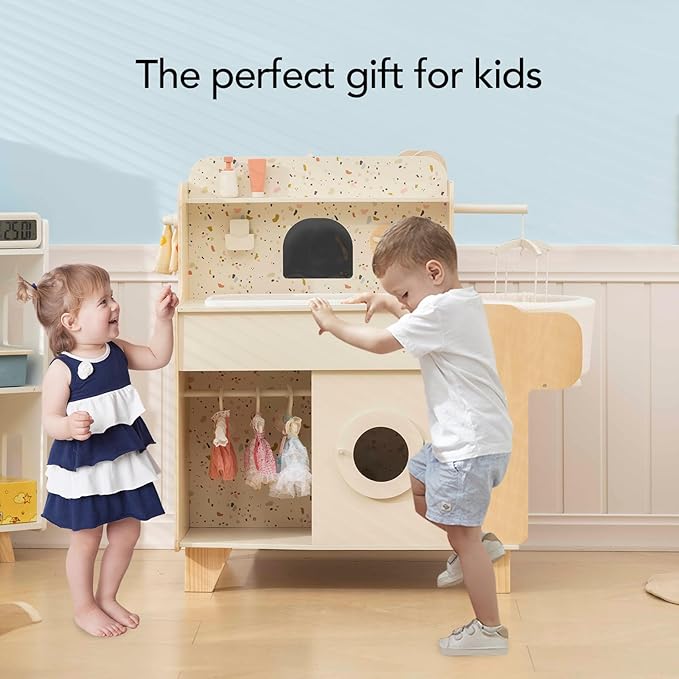 Wooden Baby Doll Crib, 4-in-1 Wooden Baby Care Playset with Cradle, Montessori Role Play Toy for Kids Ages 3-9,Kitchen Playset & Play Kitchen Toy Set, Gift for Boys & Girls