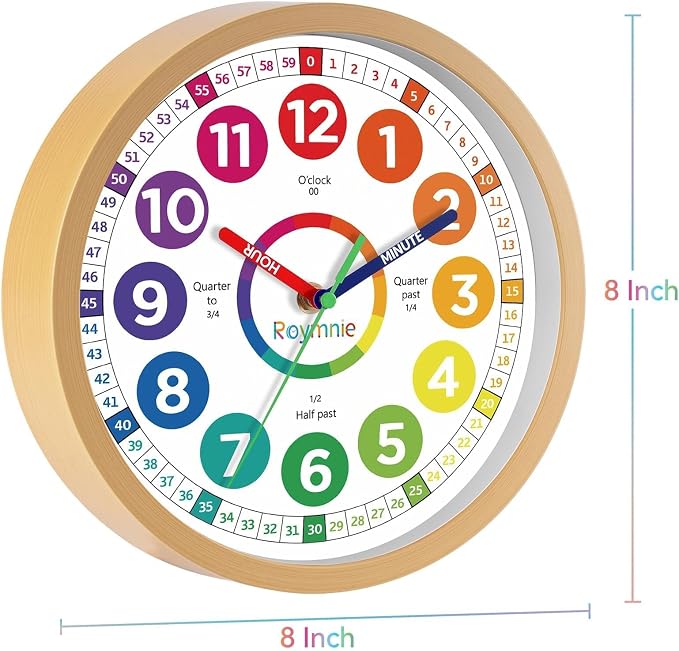 Roymnie Wall Clock for Kids Learning Battery Operated Teaching Silent 8" - Image 9