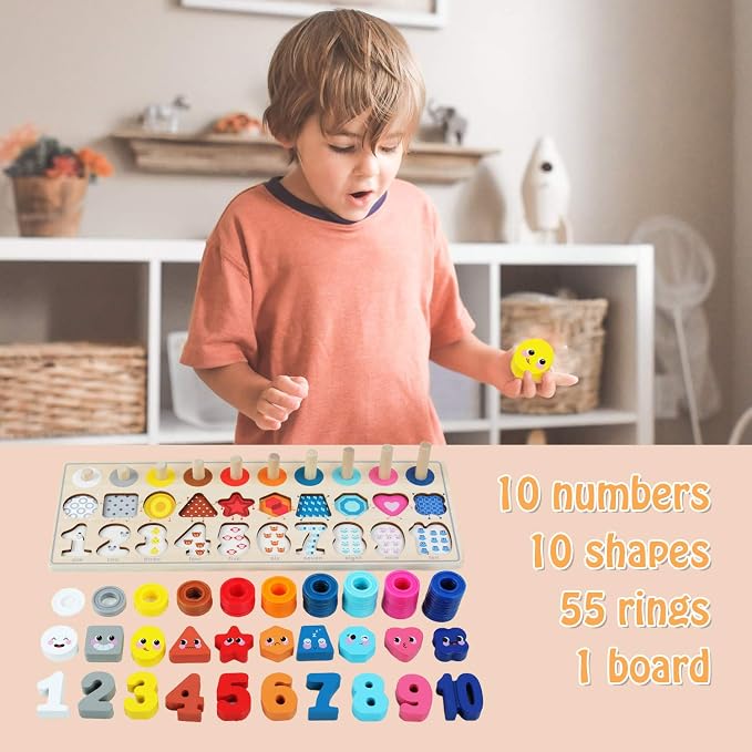 QZMTOY Wooden Montessori Toys for Kids, Toddler Number Puzzles Sorter Counting Shape Stacker Stacking Game Preschool Toys for Boy Girl Learning Education Math Blocks Chunky Puzzles Gift for Toddlers - Image 7