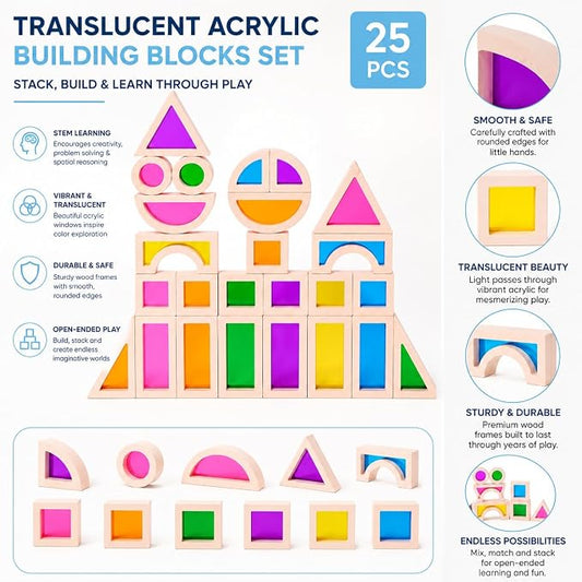 Rainbow Acrylic Blocks, 25 PCS Translucent Light Table Building Set - Image 2