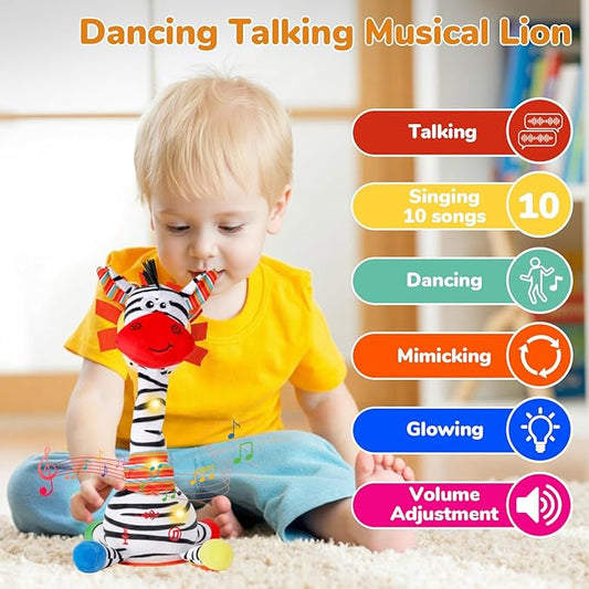 Dancing Talking Zebra Stuffed Animal, Interactive Mimicking Recording Repeating Zebra Plush, Singing 10 Children's Songs, Tummy Time Light Up Toy for Toddlers 1-3 Years, Forest Birthday Party Gifts