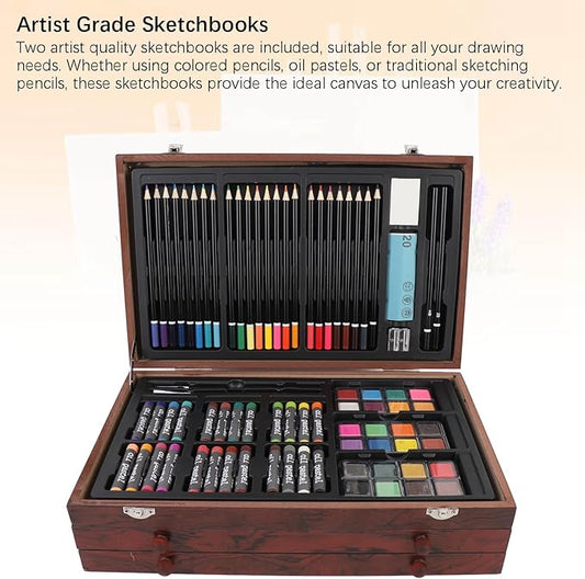 ZAICOLER 158 PCS Deluxe Art Set, Wooden Box Painting Drawing Kit with 2 Sketchbooks 24 Paints Oil Pastels Colored Pencils Crayons Brushes for Kids Teens Adults Artists Beginners