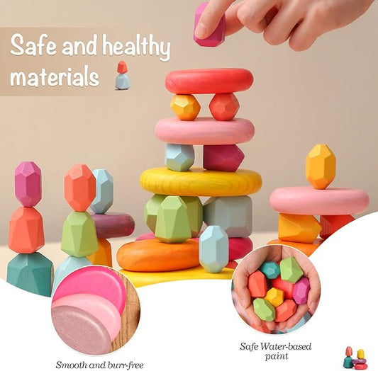 OESSUF Stacking Rocks 26Pcs Stacking Blocks Balancing Stones Wooden Building Toys Wood Stone Stacking Game for Toddler Sorting Preschool Educational Montessori Stacking Rocks for Kids - Image 2