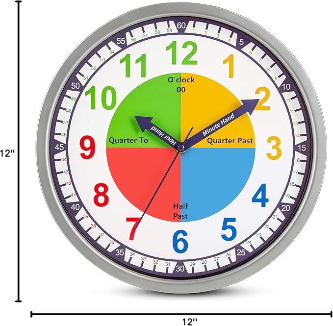 Bernhard Products Colorful Kids Wall Clock Teaching Time Telling Silent Non-Ticking Educational Learning Tool, Colored Numbers for Children Teachers Homeschool and Parents, School Classroom Playroom - Image 8
