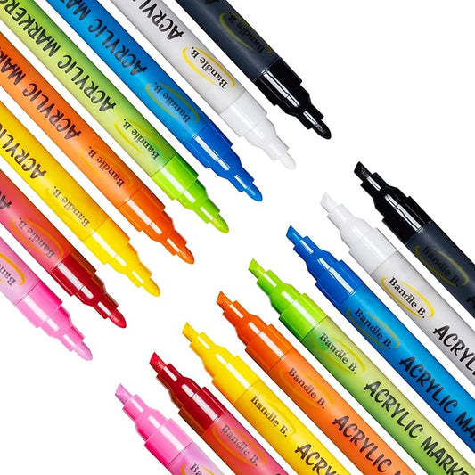 Bandle B. Acrylic Paint Markers – Set of 18 Paint Pens for Art, Fabric, Coloring, and Journaling–Quick-Drying, Waterproof, Non-Toxic, Reversible Chisel-Dot Tip