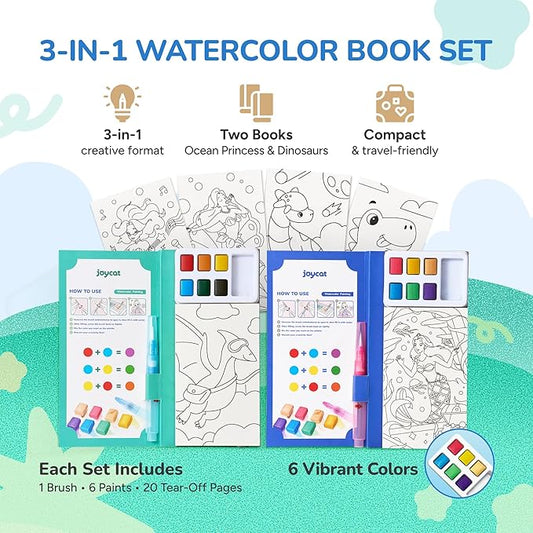 JoyCat 2 Pack Pocket Paint with Water Coloring Books for Kids, Art & Craft Activity Toy Set, Creative Travel & Home Painting Kit, Gifts for Girls & Boys Ages 3-8 (Ocean Princess & Dinosaurs)