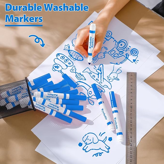 Janlaugh 36 Pcs Light Blue Washable Markers Bulk Coloring Broad Line Marker for Kid Light Blue Conical Tip Drawing Pen for Christmas School Travel Art Baby Shower Gender Reveal Party Supplies, Ages 6+