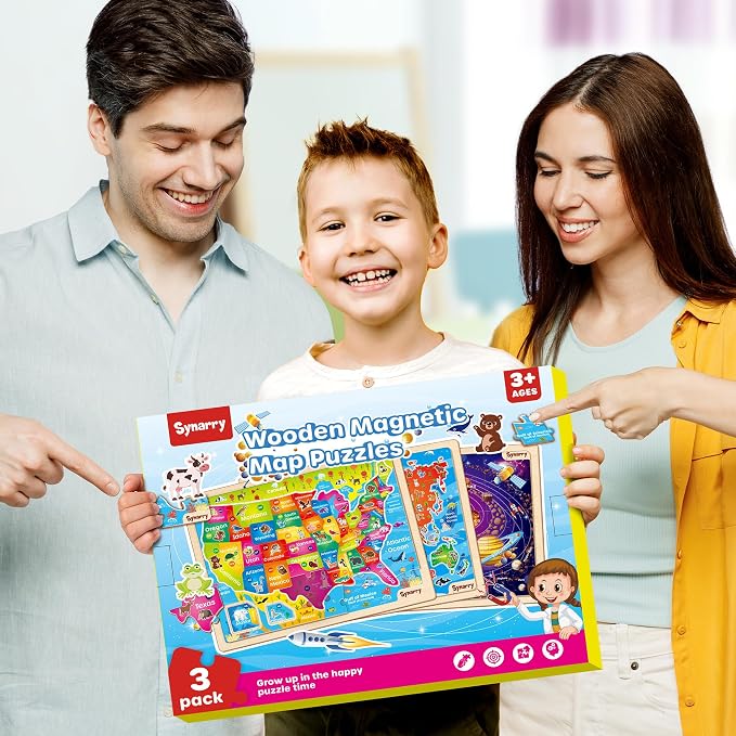 SYNARRY Large USA World Solar System Wooden Magnetic Puzzles for Kids Ages 4-6, Wood Puzzles Educational Games Toys Easter Gifts for Toddlers, United States World Space Map for Boys Girls Ages 3-5 4-8 - Image 7