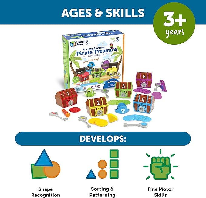 Learning Resources Sorting Surprise Pirate Treasure - 30 Pieces, Ages 3+ Color, Sorting & Matching Skills Toy, Fine Motor Skills Toys for Toddlers, Preschool Learning Toys - Image 6
