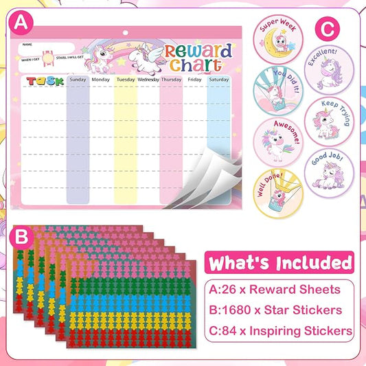 Magnetic Reward Chart for Kids at Home, Behavior Chart Pad with 26 Chore Charts, 1680 Star Stickers, 84 Motivational Stickers to Develop Responsibility & Good Habits (Unicorn) - Image 2
