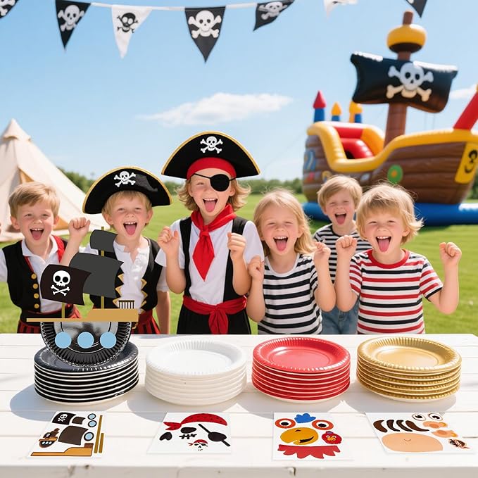 24 Pack Arts and Crafts Kits for Kids, DIY Creative Pirate Paper Plate Craft Kit, Make Your Own Pirate Plate Crafts Sets, Fun Preschool Classroom Birthday Party Art Activities for Boy & Girl