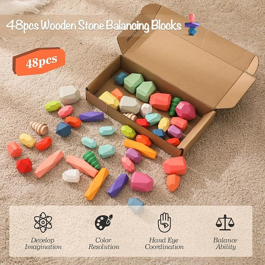 OESSUF Stacking Rocks 48Pcs Stacking Blocks Balancing Stacking Stones Wooden Building Toys Wood Stone Stacking Game for Toddler Sorting Preschool Educational Montessori Stacking Rocks for Kids - Image 2