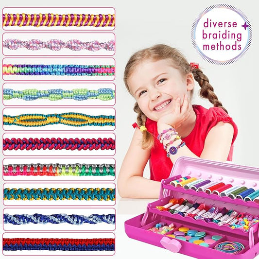 Friendship Bracelet Making Kit with Storage Box,DIY String Bracelet Arts and Craft for Girls Aged 8-12,Kids' Travel Activity Toy Set,Easter Birthday Gifts for Ages 6 7 8 9 10 11 12 Year Old Rose