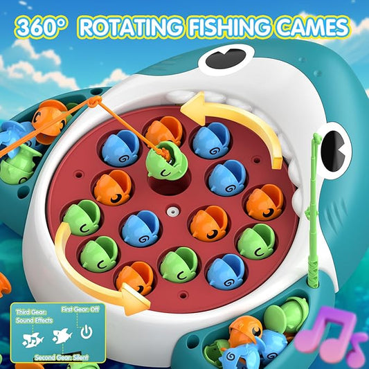 Musical Shark Fishing Game for Kids, 360° Rotating Board, 20 Fish with 3 Rods,Hook Fishing Set for Toddlers,Educational, Fine Motor Skill Activity for Boys and Girls