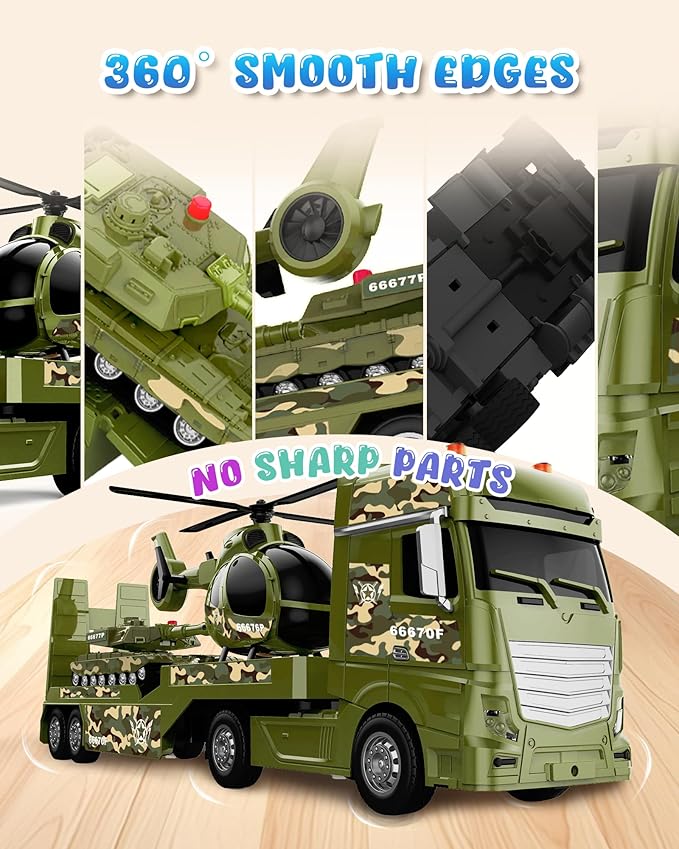 Toddler Boy Toys for 3 4 5 6 7 Years Kids, 25.6" Large Semi Truck Toy with Tank and Helicopter Toy, Army Military Toys with Sounds and Lights, Birthday Chritmas Gifts for Child