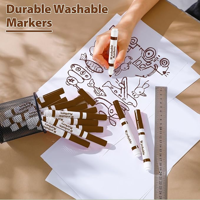 Janlaugh 36 Pcs Dark Brown Washable Markers Bulk Coloring Broad Line Markers for Kids Conical Tip Drawing Pen for Christmas, School, Travel Art Baby Shower Gender Reveal Party Supplies, Ages 6+