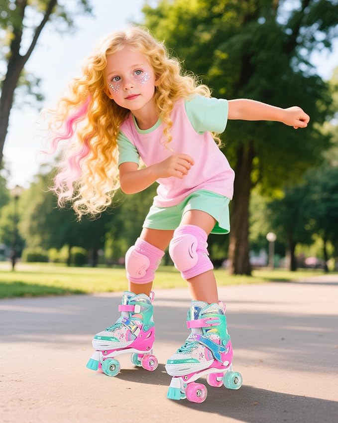 NEMONE Mermaid 4 Size Adjustable Light up Roller Skates for Girls, Purple Blue Skates for Toddlers, Beginner Kids Butterfly Roller Skates Indoor Outdoor