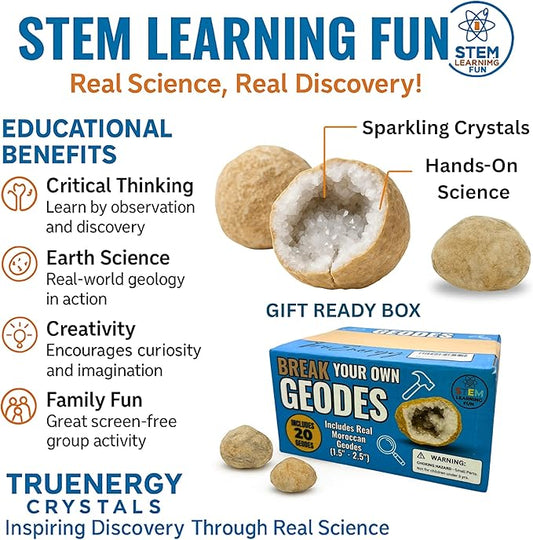 TRUENERGY Break Your Own Geodes Kit for Kids – 5X Easier to Open 3 to 4 X-Large Natural Crystal Geodes, Magnifying Glass & Learning Guide – STEM Science Rock Kit – Gift-Ready