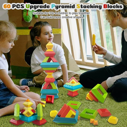 Stacking Toys Building Blocks for Toddlers 60 PCS Montessori Toys for 3 4 5 6 Year Old Sensory Toys Preschool Learning Activities Stem Educational Pyramid Magic Tower Gifts Set for Kids Boys Girls