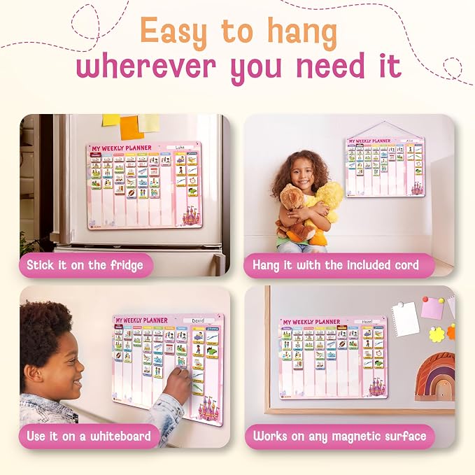 LIKARTO Visual Schedule for Kids - 2-in-1 Weekly + Daily Schedule - Magnetic Schedule with 188 Magnets and Magnetic Backing - Chore Chart Kids - Routine Chart for Toddlers, Autism, ADHD - Pink - Image 7