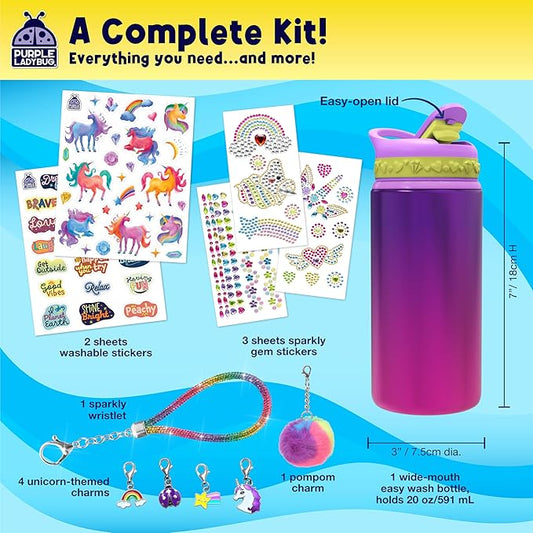 PURPLE LADYBUG Decorate Your Own Water Bottle Kit for Girls - Gifts for Ages 5 6 7 8 9 10 Year Old Girl Birthday, Girl Valentines Day Gifts Unicorn Toys Crafts Kids Ages 6-12
