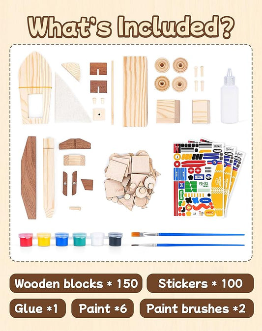 Wooden Build Paint Art Crafts Kit, Make Your Own Car Boat & Plane DIY Craft Toys for Kids Boys, STEM Educational Toy Set