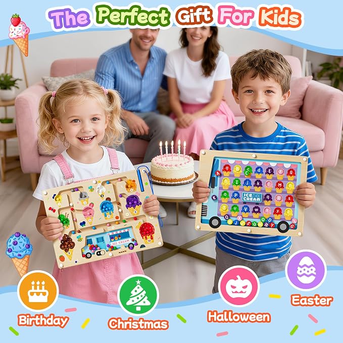 2 in 1 Magnetic Color and Number Maze Double-Sided ABC Alphabet Puzzles Board Magnet Dinosaur Counting Maze Preschool Learning Montessori Education 3 4 5 Years Toys (Ice Cream, One Size) - Image 7