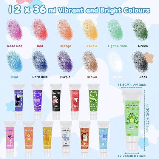 Washable Finger Paint for Toddlers 1-3, Safe Non-Toxic, 12 Vibrant Colors (1.22fl oz/36ml), Baby Safe Paint for Hand and Feet, DIY Mess Free Art Supplies, Preschool Learning Christmas Gifts