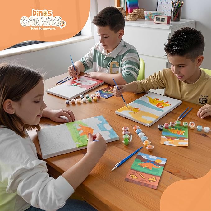 BONNYCO Paint by Numbers Kit for Kids Dinosaurs Pack 3 Canvas. Paint by Number, Canvas Framed Pre Drawn. Dinosaurs Gifts for Boys, Arts and Kids Crafts 4-6 8-12. Pintar por Numeros, Dino Craft