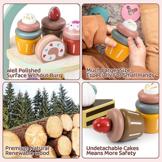 Wooden Cake Toys Tea Party Set Desserts Food Toy with Cupcake Stand - Image 2
