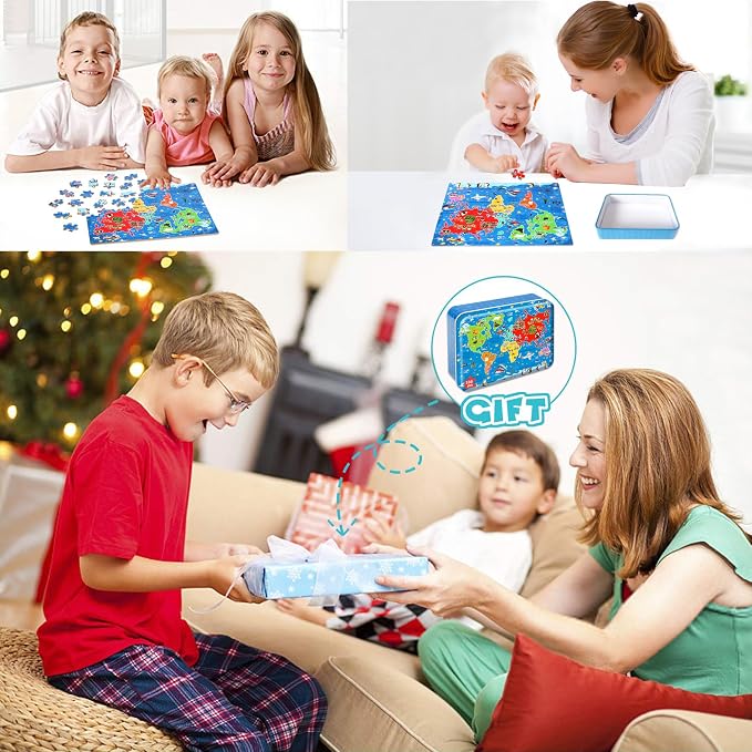 LELEMON World Map Puzzles for Kids Ages 4-8,100 Pieces World Sea Map Jigsaw Puzzles in a Metal Box,Fun World Map Learning Educational Toys for Boys Girls - Image 7