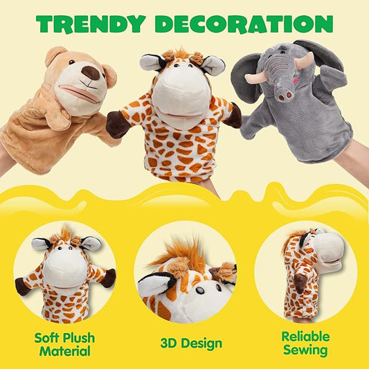 JOYIN 6Pcs Kids Hand Puppet Set with Working Mouth, Toddler Plush Toy Includes Elephant, Giraffe, Lion, Bear, Raccoon and Monkey for Show Theater, Christmas Birthday Gifts for Kid