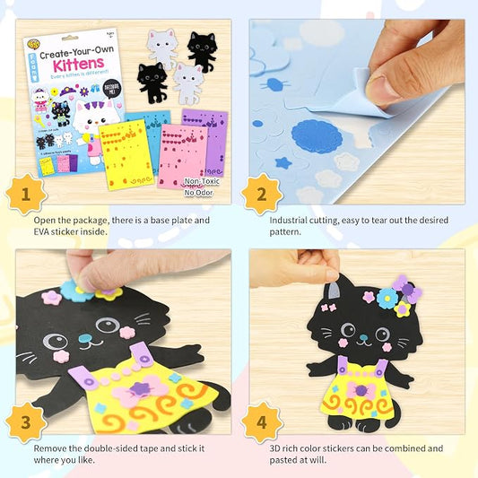 VKPI 4 Pieces Cats Foam Art Crafts Gift Kit, Creative Make Your Own Kittens, Cartoon Foam Paper Craft Projects for Kids Ages 4+ Toddler, Preschool Learning Toy for Birthday Party Favor Supplies - Image 2