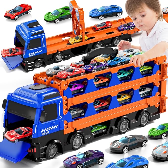 Large Truck Toys for Toddlers 1-3 2-4 3-5 4-7 Years Old Boys Kids, Transport Truck with 24 Pcs Die-Cast Cars, Toy Gifts for 3 4 5 6 Year Old Boys, Toddler Gift Toys for Ages 3-5 4-7