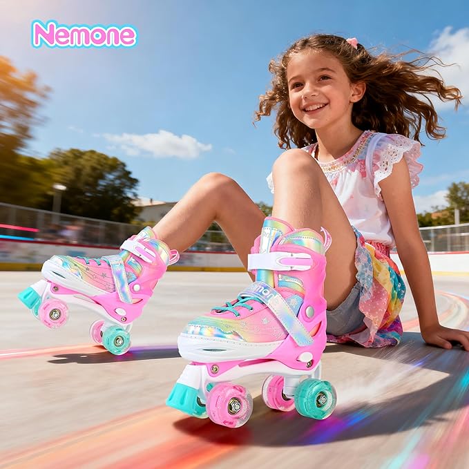NEMONE Mermaid 4 Size Adjustable Light up Roller Skates for Girls, Purple Blue Skates for Toddlers, Beginner Kids Butterfly Roller Skates Indoor Outdoor