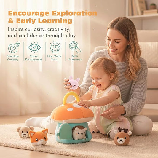 Baby Toys 6-12 Months - My First Mushroom House with 5 Stuffed Forest Animals, Busy Montessori Toys with Rattle, Crinkle, Squeaker, Mirror, Sensory Toys, Christmas Birthday Gift